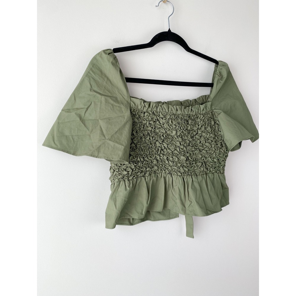 Anthropologie Mare Mare Smocked Bow Tie Top S Olive‎ Green Square Neck Boho - Picture 7 of 10